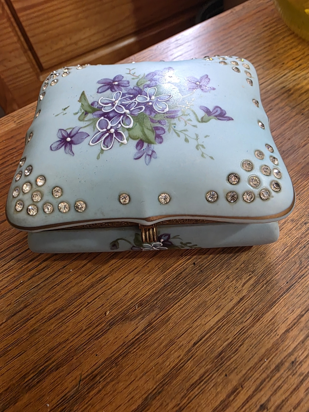 Noritake Blue Porcelain Trinket Box with Purple Floral Decal and Rhinestones
